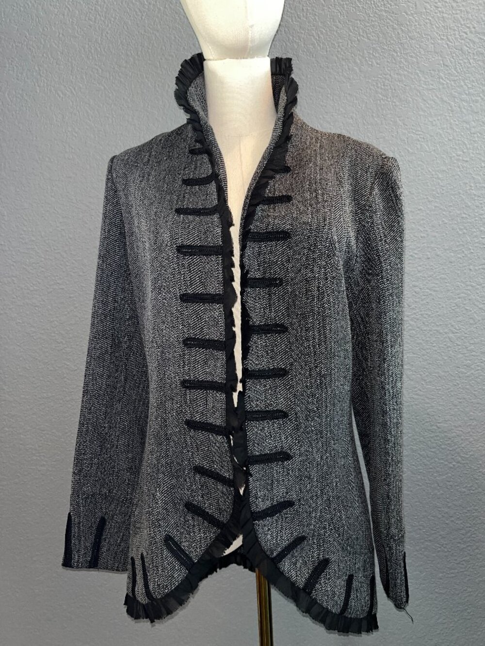INSIGHT NY Black & GrayHerringbone Tweed Military Ruffle Steampunk Jacket 4